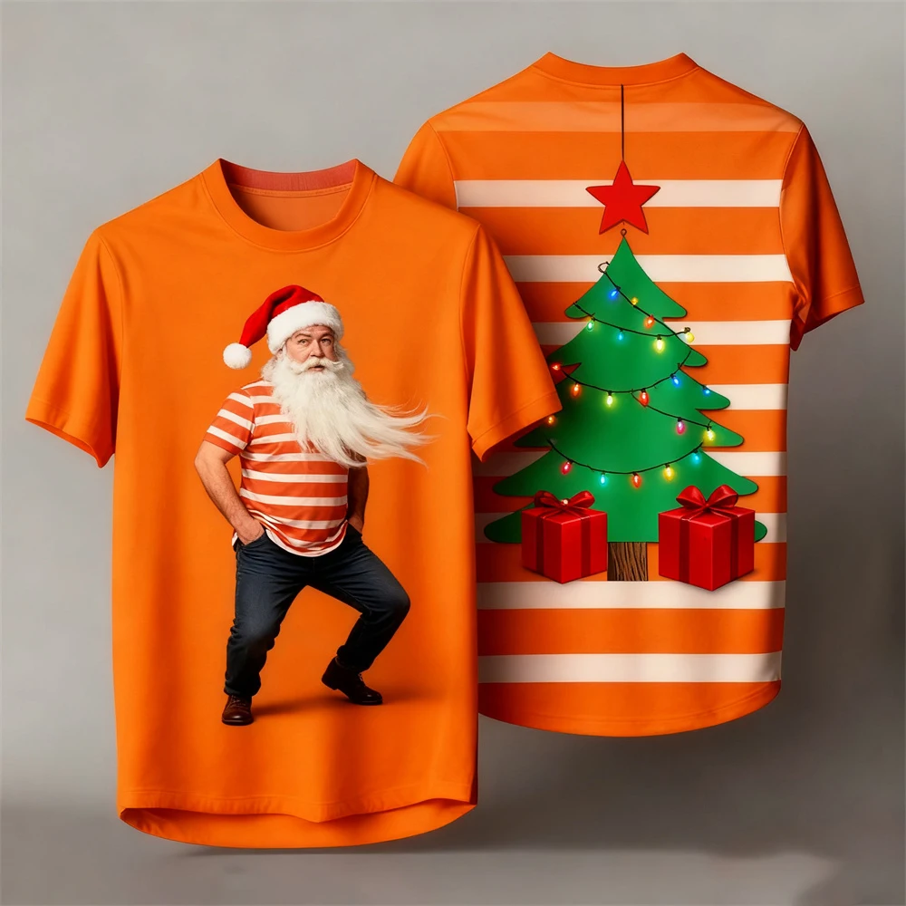 Christmas-Themed Men's Crew Neck Short-Sleeve T-Shirt 3D Santa Claus Striped Print Unisex Comfortable Breathable T-Shirt