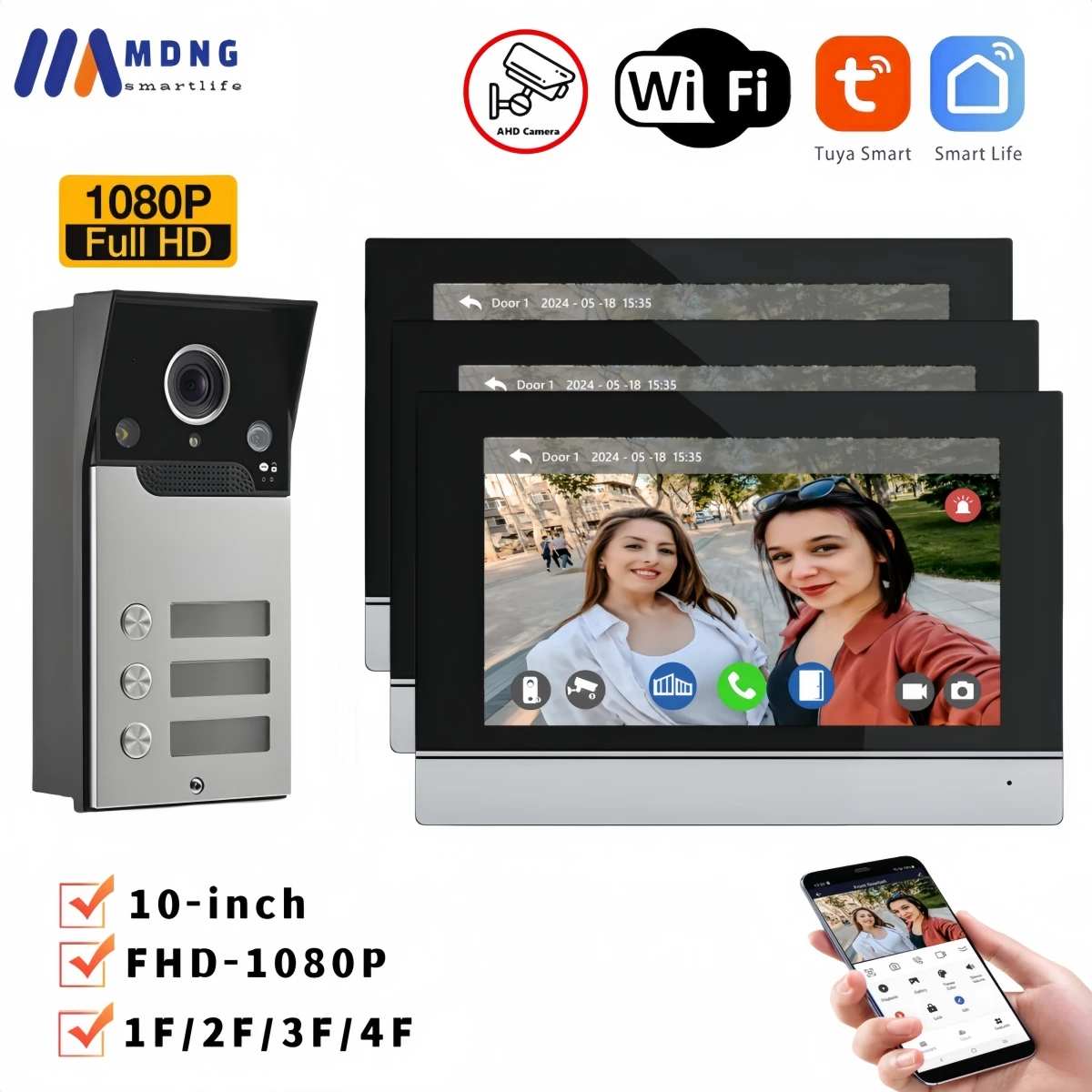 TUYA WiFi Video Doorphone Doorbell Intercom System10 Inch 1080P Montion Detection Phone APP Unlock For 1/2 /3/4 Family Apartment