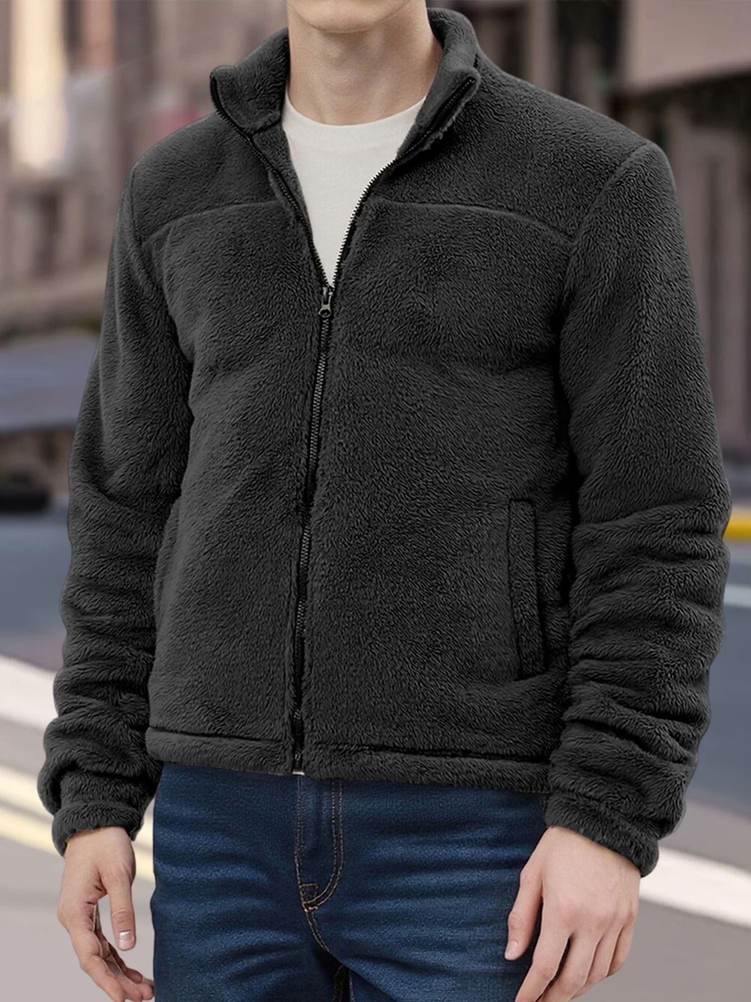 معطف شتوي للرجال أنيق بأكمام طويلة وياقة واقفة وسحاب للإغلاق وسترة من الصوف مع بطانة دافئة للطقس البارد #4