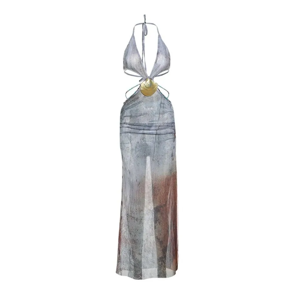 

Sexy Bandage Halter Dress V-nec Midnight Party Club Long Dress Split Shirring Tie-dye Dress