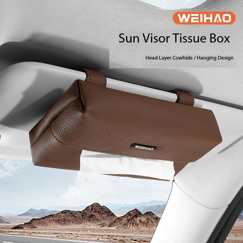 WeiHao Car Tissue Box Holder Leather Car Center Console Armrest Napkin Box Sun Visor Backseat Tissue Case with Fix Strap 2024