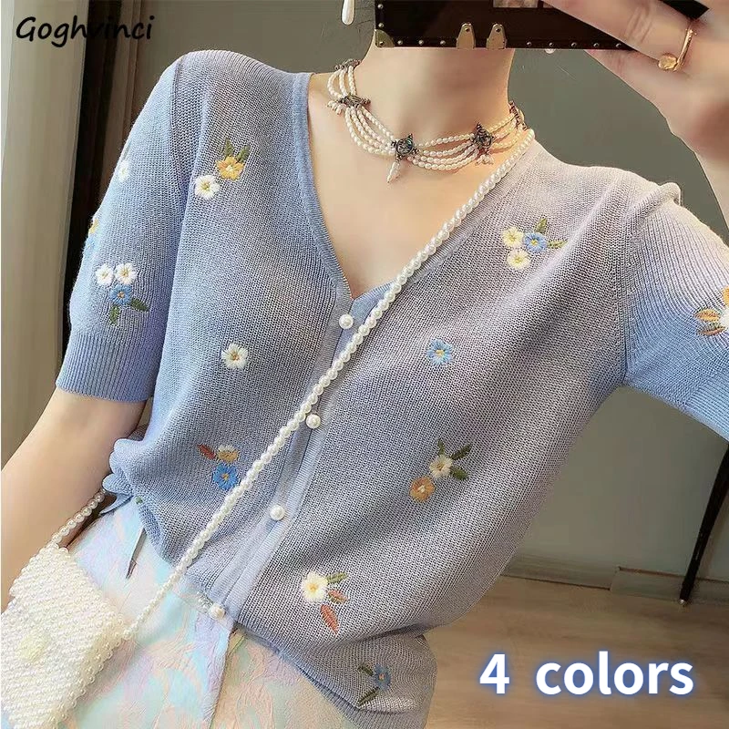 Short Sleeve T-shirts Women Vintage Female Embroidery Flowers V-neck All-match Fashion New Summer Elasticity Temperament Женские
