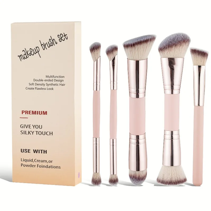 5PCS/set 2 in 1 Foundation Makeup Brush Double Head Flat/Angled Foundation Concealer for Blending Loose Powder Concealer Cream