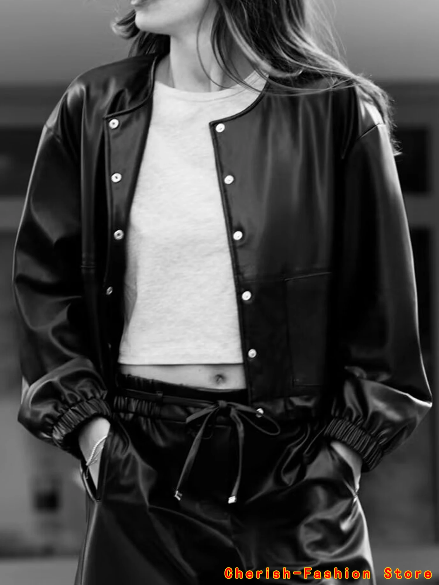 Lady Long Sleeves Faux Leather Outwear Spring Female Leisure Black PU Leather Jacket 2025 Women Fashion Round Neck Leather Coat