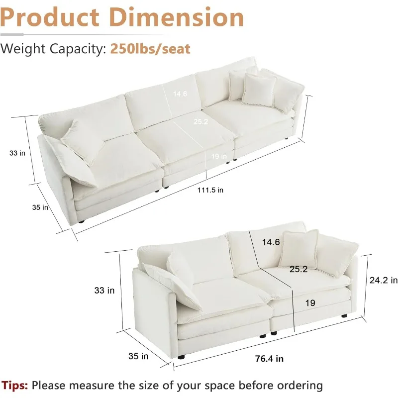 Luxury 2 Piece Cloud Couches Set, Modern Upholstered Chenille 3 Seater and Loveseat Sofa Set with 9 Pillow for Living Room