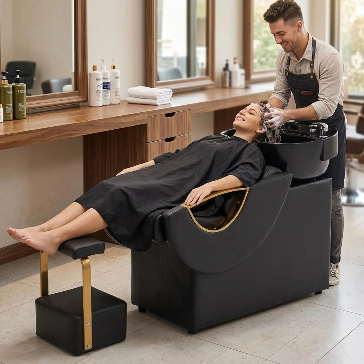Salon Backwash Station with Deep ABS Basin, Silicone Neck Rest, Freestanding Footrest, Faucet Drain Kit, 300 lb, Customized