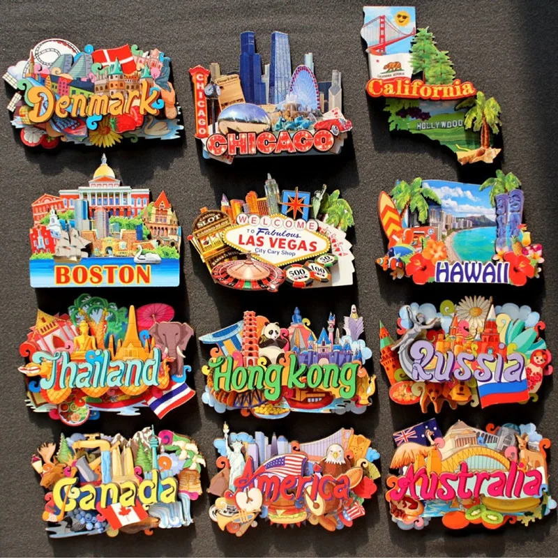 

Wooden Vintage Fridge Magnets Souvenir Australia Denmark Russia Canada USA Thailand Travel Magnetic Magnets Refrigerator Decor