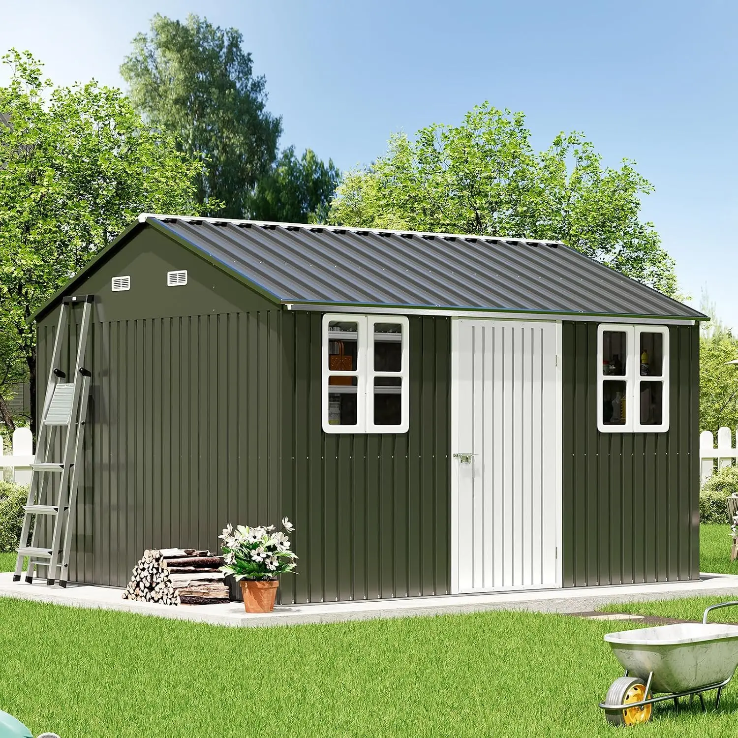 10x12 FT Outdoor Metal Storage Shed with Lockable Door & 2 Windows, Waterproof Garden Backyard Patio, Dark Grey/White, Customize