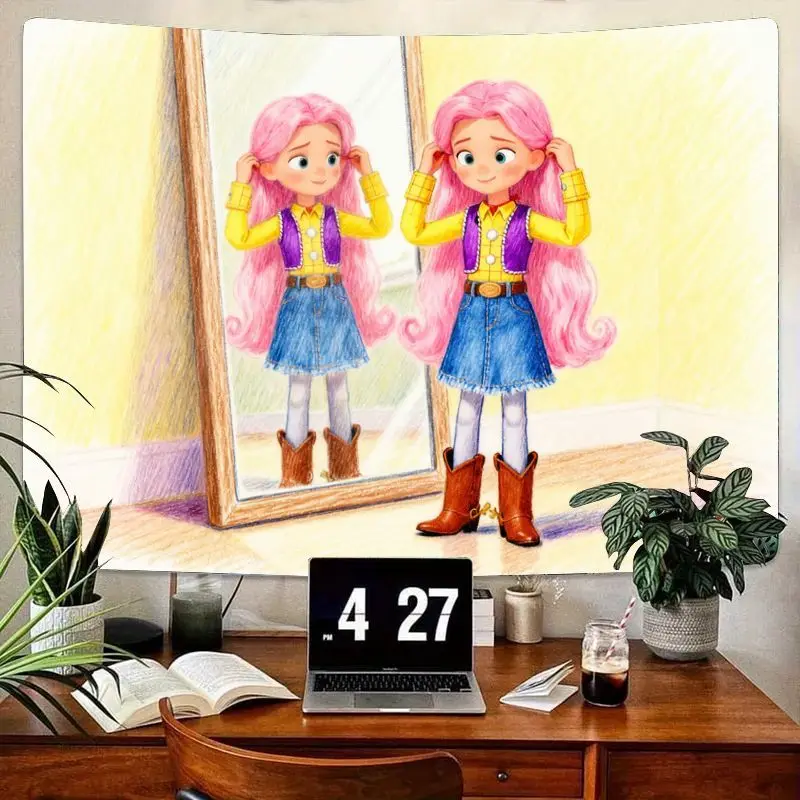

1PC Pink Hair Cowgirl Girl Mirror Tapestry, Kawaii Western Wall Art for Teen Girls Bedroom Living Room Decor Gift
