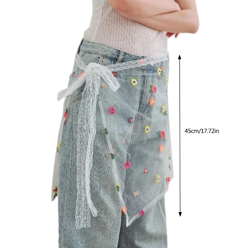 Embroidery Colorful Flower Sheer Half Skirt Hip Scarf Women Aesthetic See Through Apron Skirt Lace Up Bows Overskirt