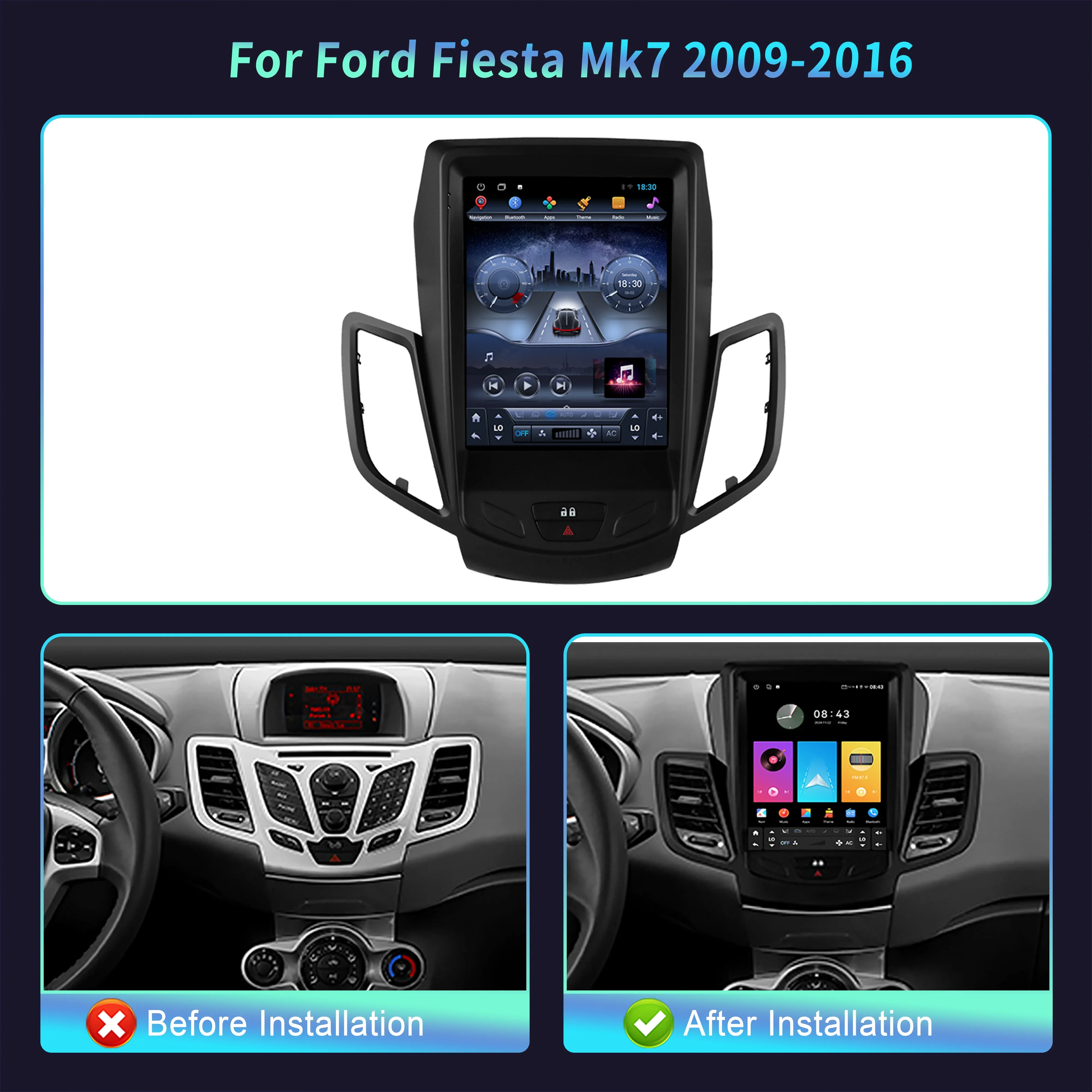 9.7inch Android 14 For Ford Fiesta Mk7 2009-2016 Car Radio Multimedia Player Navigation CarPlay Android Auto 4G GPS Touch Screen