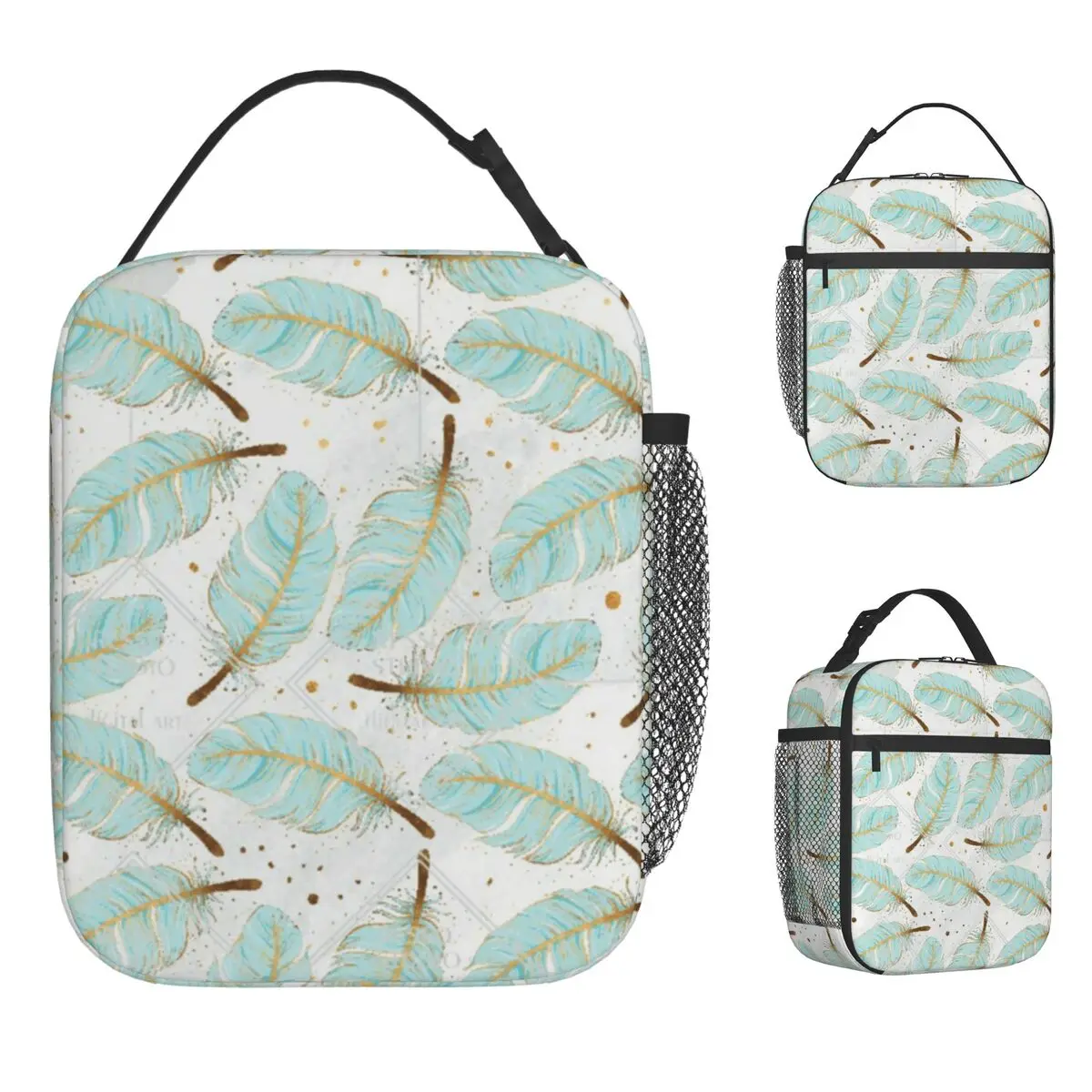 

Light Blue Feathers Lunch Bag For Adult Designer Lunch Box Casual School Cooler Bag Portable Oxford Tote Food Bags