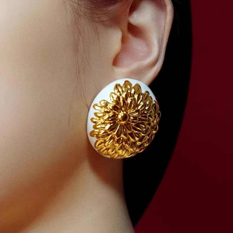 Europe Retro Refined Enamel Flower Floral Round Luxury Earrings Rings Women Vintage Jewelry Accessories Trendy