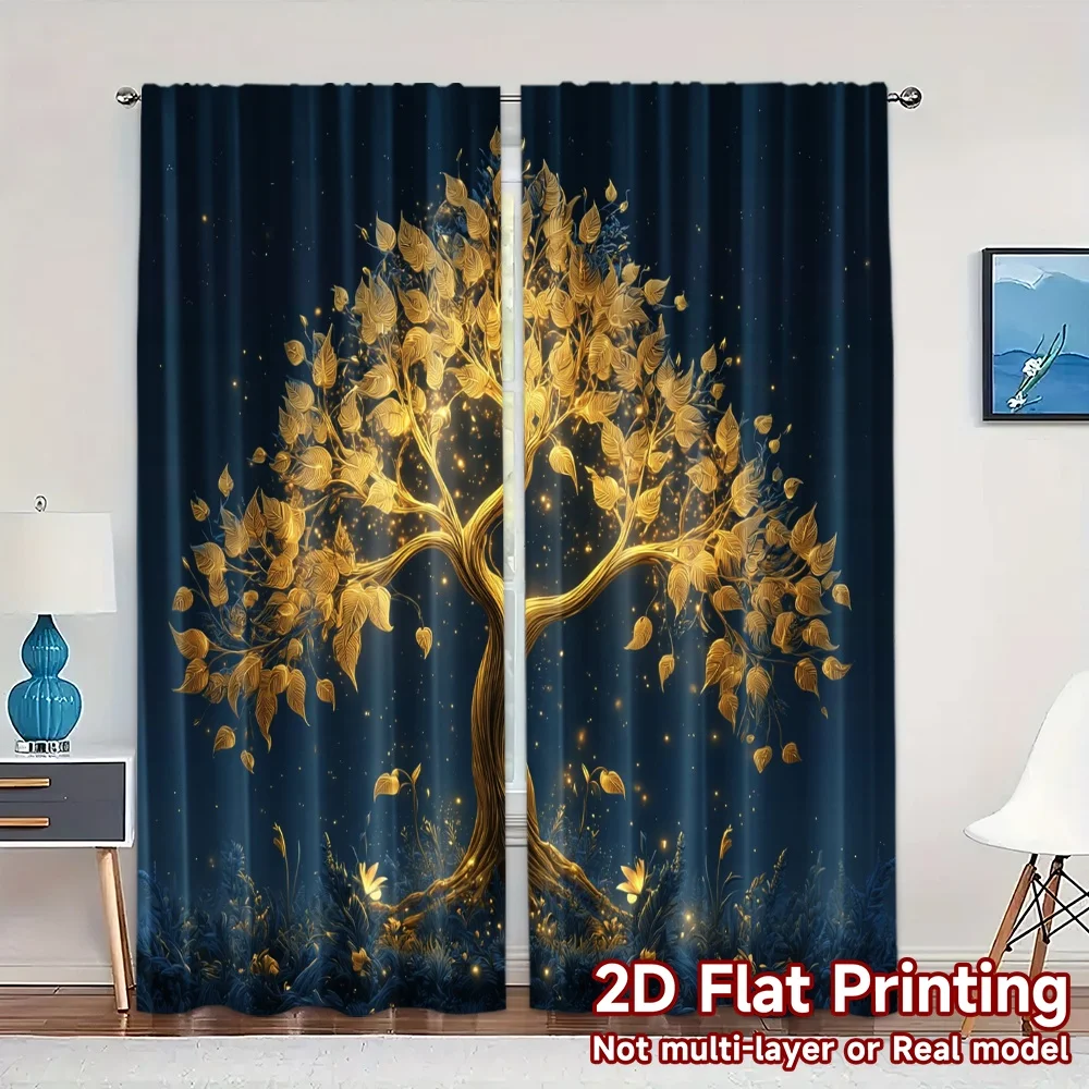 2pcs, 2D FLAT PRINTING Curtains (Without Rod) Golden Glow Tree Minimalist Popular Curtains Versatile Polyester Curtains