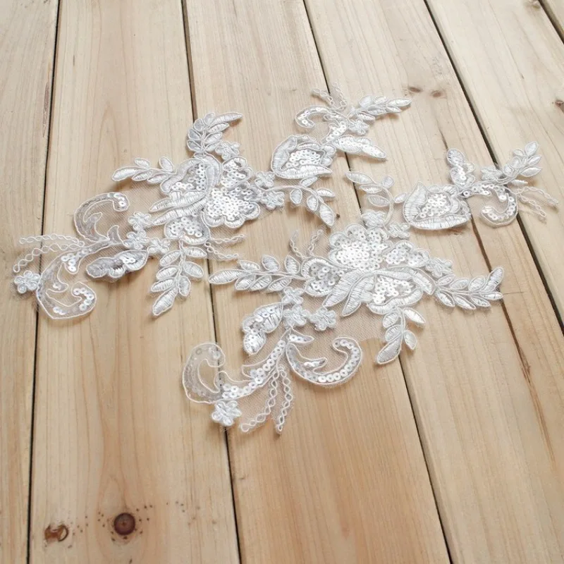 10 Pairs 2025Lace Flower Wedding Dress Headgear Handmade DIY Material Ivory Sequins Lace Motif Applique for Wedding Dress