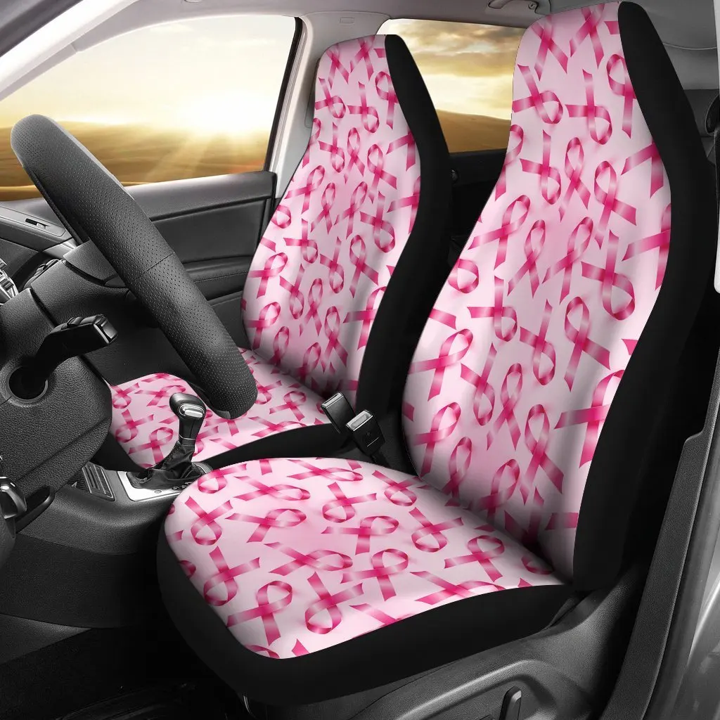 Pattern Print Pink Ribbon Breast Cancer Awareness Seat Cover Car Seat Covers Set 2 Pc, Car Accessories Car Mats