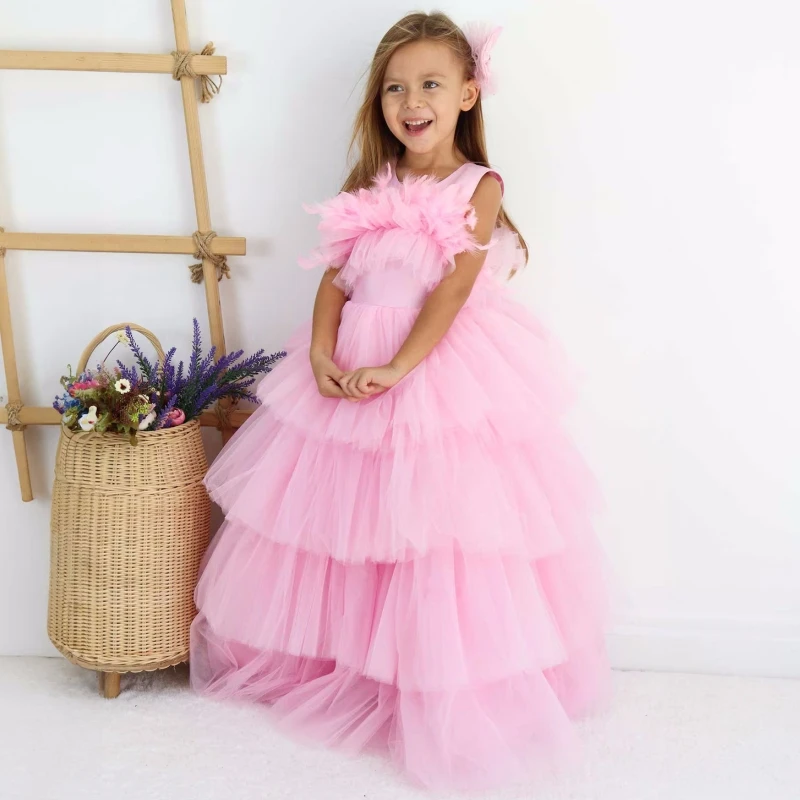 Vestidos florais rosa personalizados para meninas, vestidos de tule em camadas sem mangas para casamento, aniversário, banquete, baile, comunhão sagrada