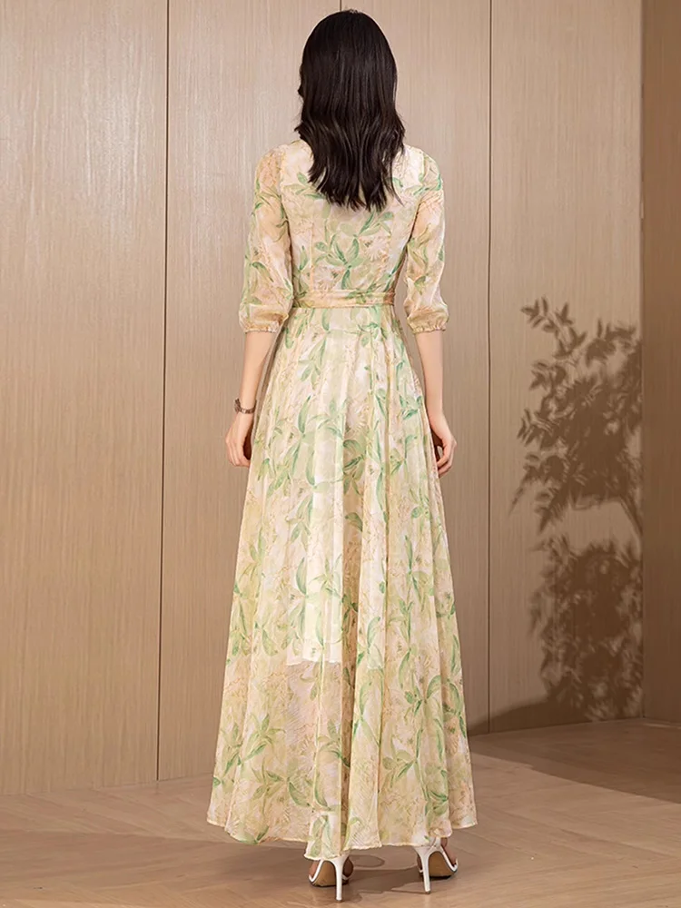 Neu Langes Kleid aus Chiffon mit Print für Damen Frühling Sommer Mode V-Ausschnitt Halbarm Schlanke Taille Fließendes Kleid Elegantes Kleid mit Feenmuster