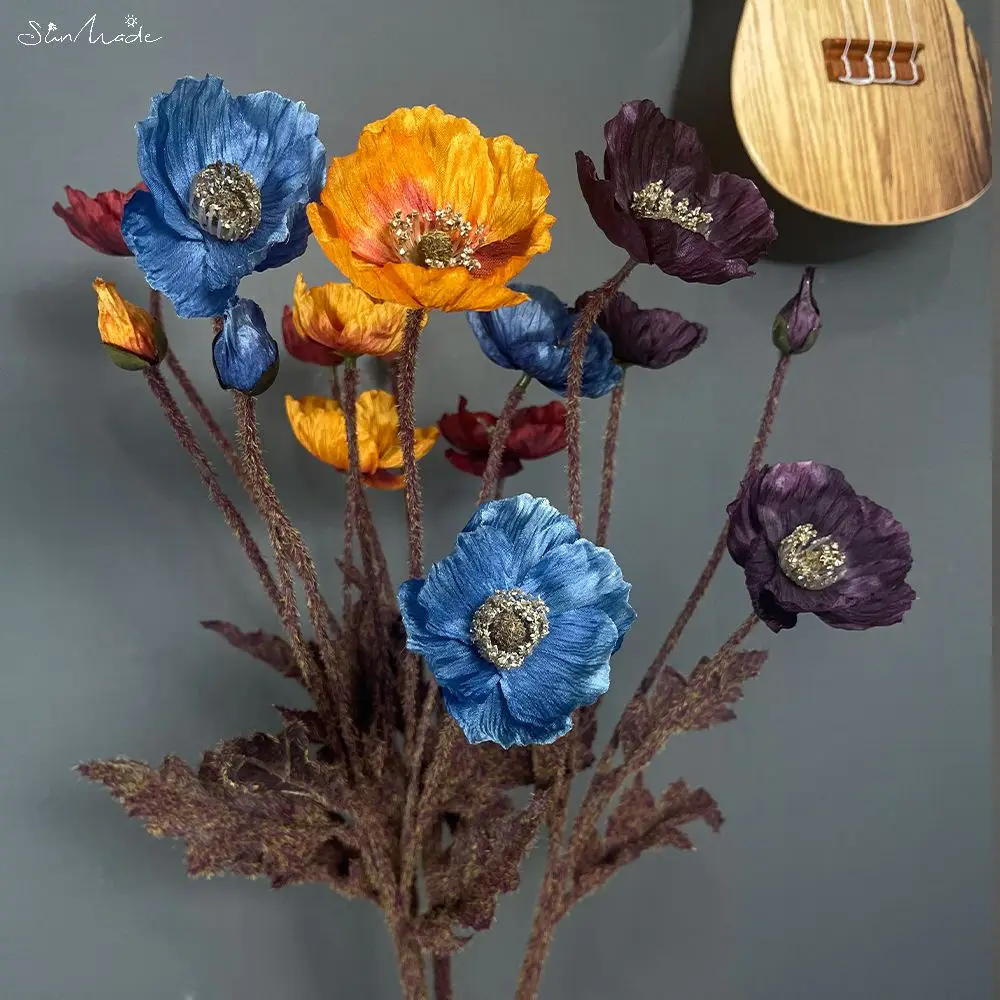 SunMade 4 Heads Vintage Iceland Poppy Flower Silk Artificial Flowers Home Indoor Decoration Retro Fall Decor Flores Artificales