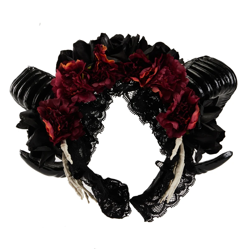 Handmade Ram Horns Rose Headband Steampunk Sheep Horns Hairband Xmas Halloween Party Headwear