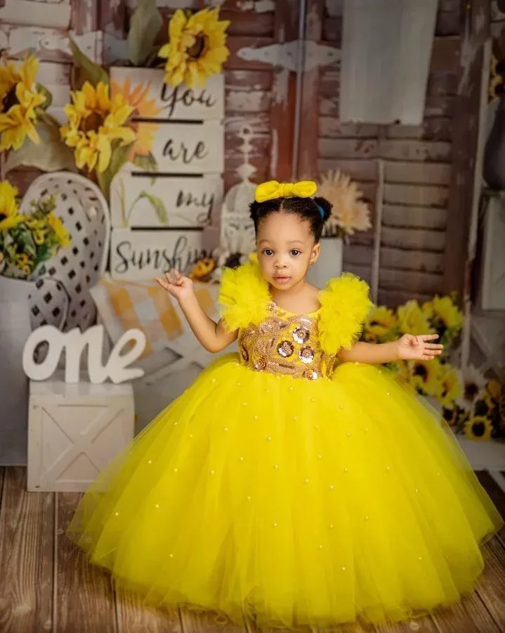 Yellow Pearls Flower Girl Dresses Customized  Sequined Kids Birthday Gowns Photos Shoot for Party Wear