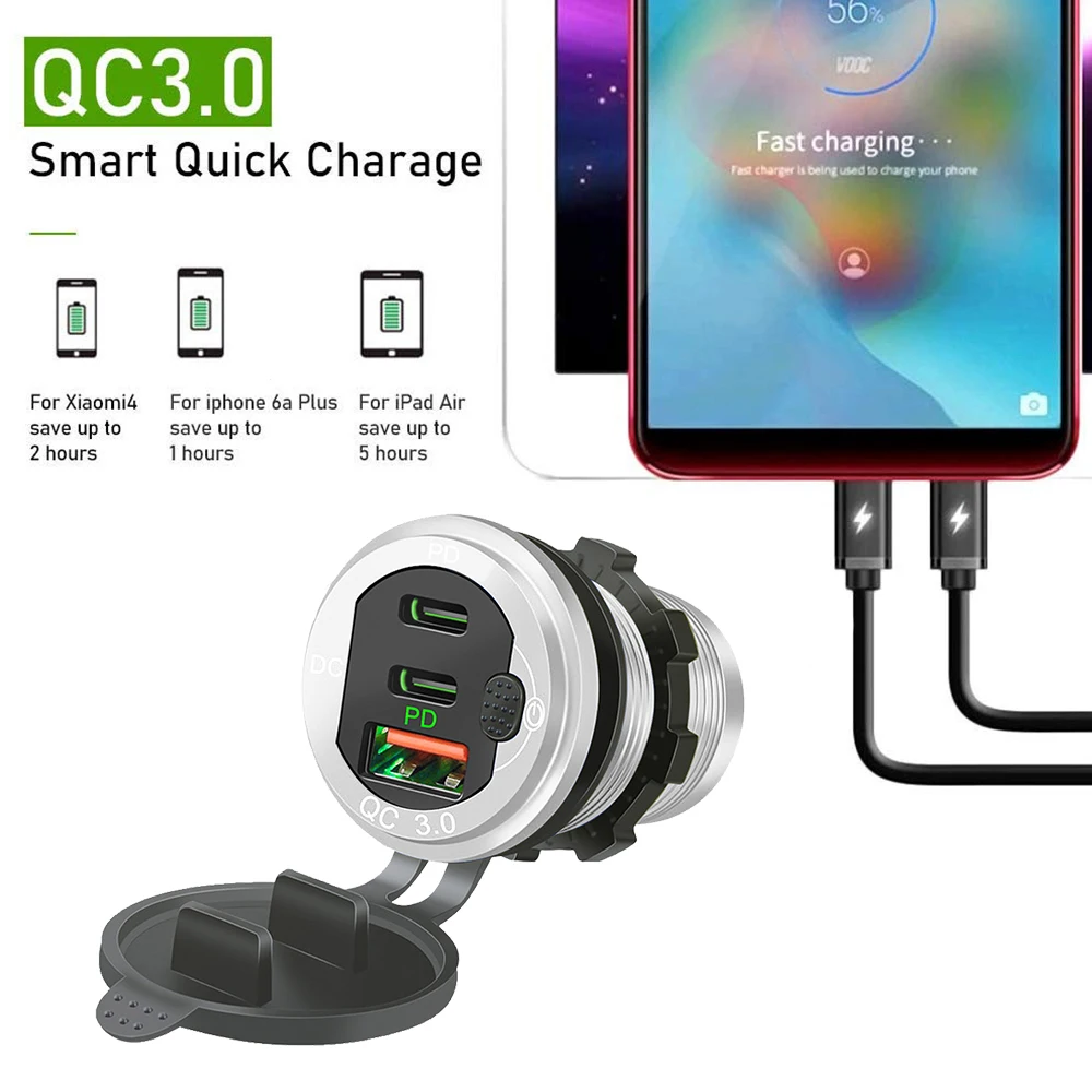 115W Car Charger QC3.0 and PD Type C Three USB Car Charger Socket With Voltmeter Switch Aluminium Metal Quick Charge Adapter