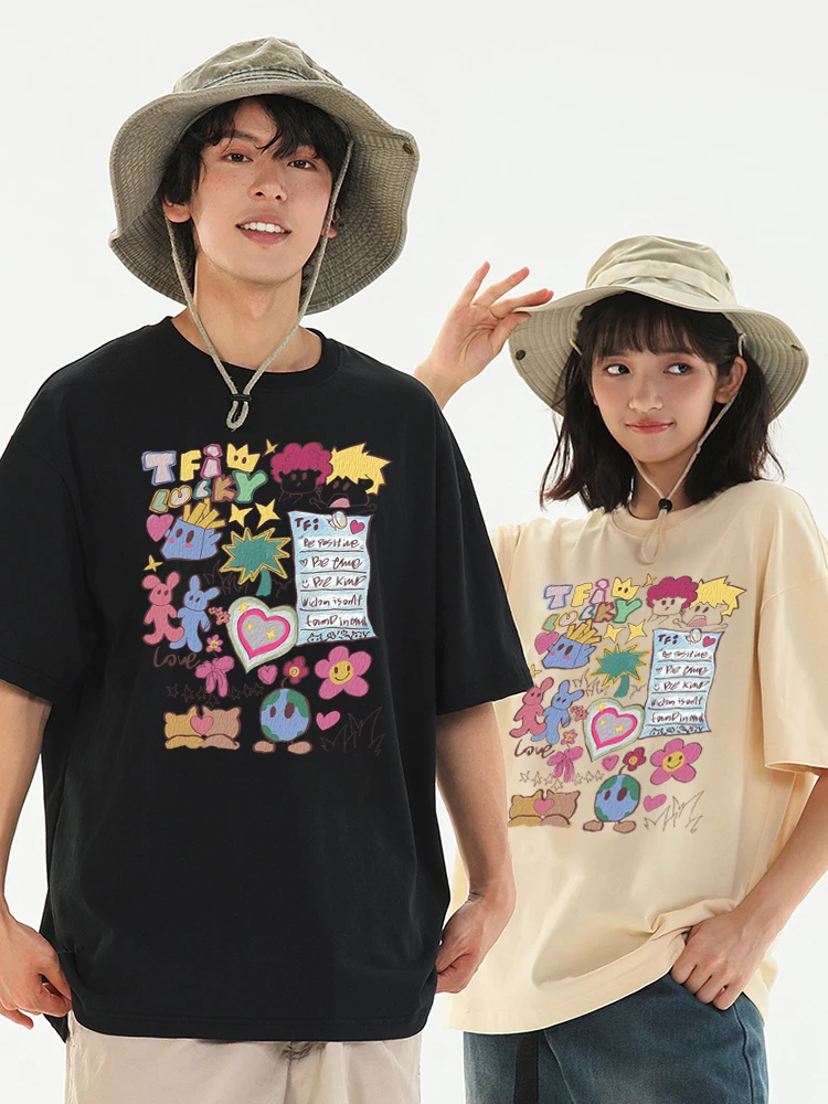 Mood Sticky Note Pattern Couple clothes Summer Fashion Casual Cotton T-shirt 2024 New Breathable Cool Short-sleeve