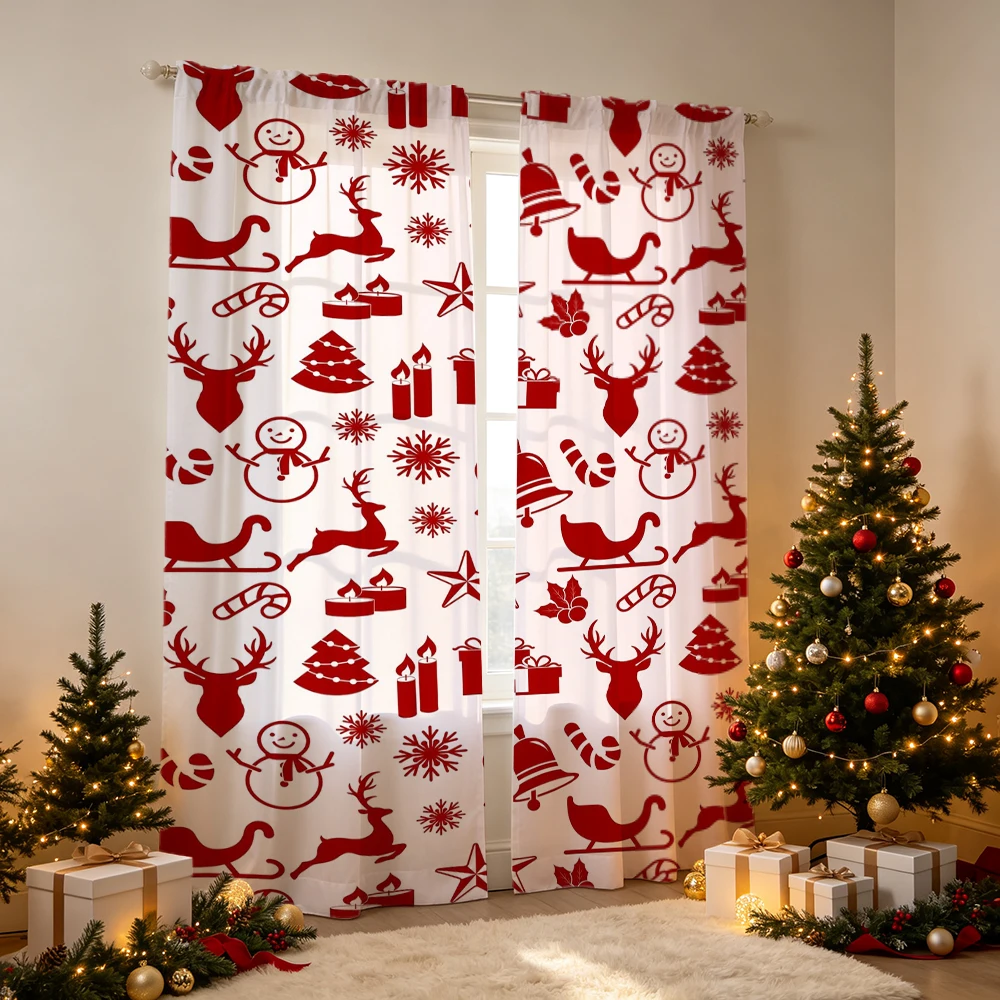2PCS Christmas Curtains, Red holiday icons silhouette Print, Bedroom Living Room Window Drapes, Rod Pocket Polyester, Home Decor