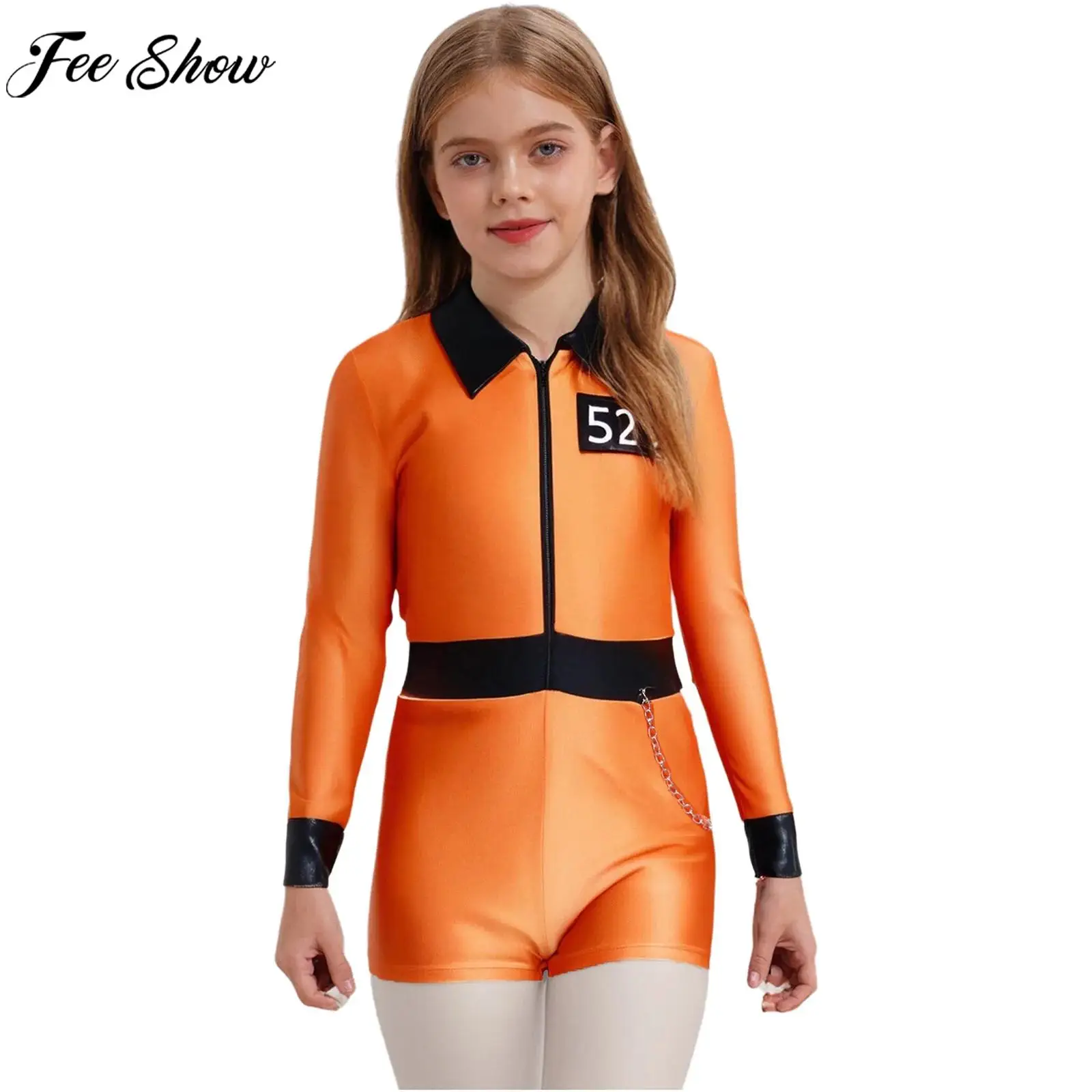 

Детский боди для девочек на Хэллоуин, тематическая вечеринка, преступник, костюм для косплея, комбинезон на молнии с длинными рукавами и лацканами