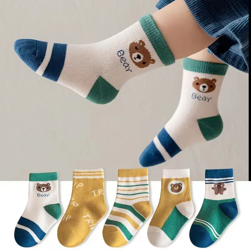 Cute Stripe Cartoon Knit Socks para crianças, meias quentes para meninas e meninos, meias infantis flor de bebê, meias curtas florais de 1 a 12 anos, 5 pares