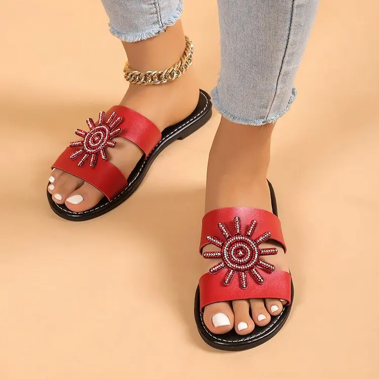 Women's Simple 2023 Summer New Pu Leather Flat Open Toe Leisure Beach Fashion Comfortable Mom Shoes Slip-On Adult