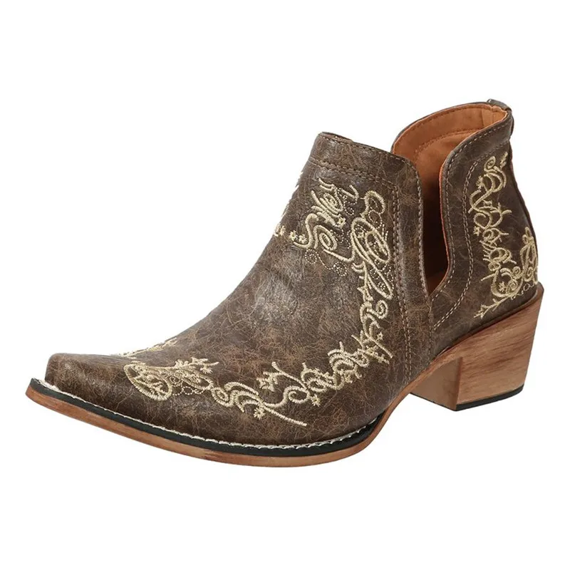 2026 Women Vintage Boots Chunky Heels Western Cowboy Boots Leather High Heels Shoes Women Autumn Winter Embroidered Knight Boots