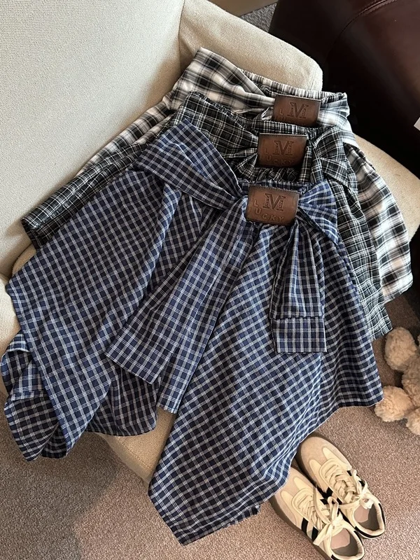 

Ретро-синяя асимметричная юбка для женщин, летняя, в клетку, с поясом, универсальная, короткая, с высокой талией, с клетчатым узором