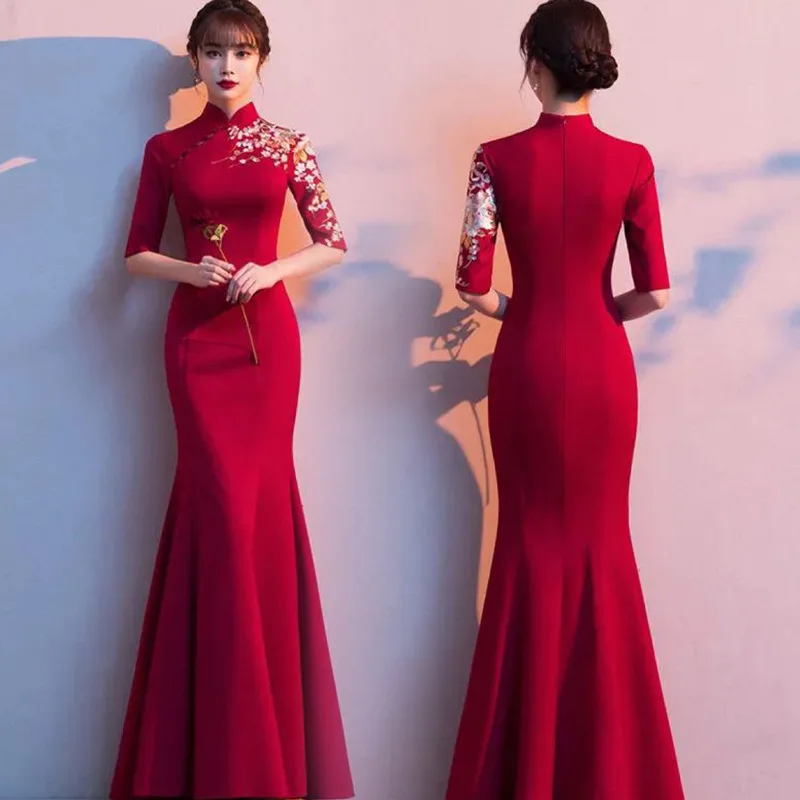 Cheongsam Dress High Collar Chinese Toast Gown Bride Female Chinese Style Retro Red China Wedding Dress H8923