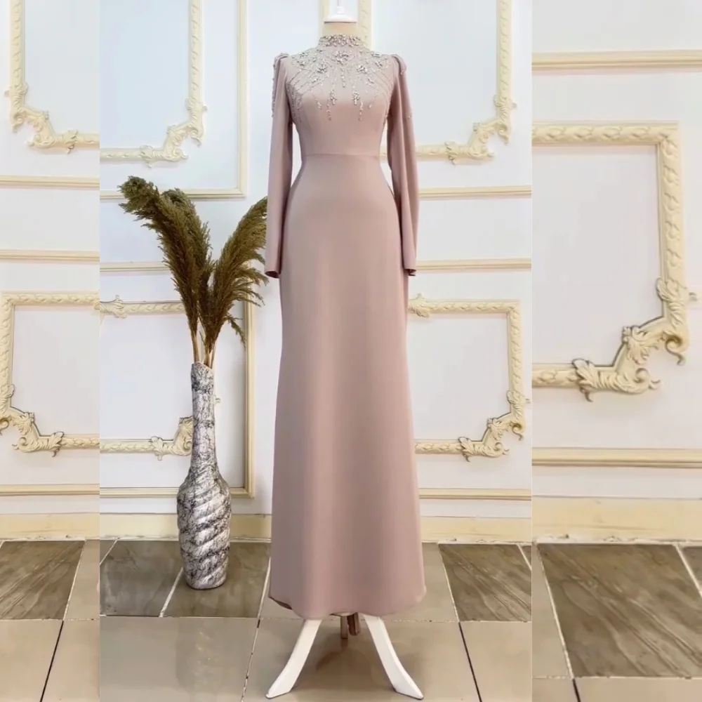 

Customized Jersey Rhinestone Glitter Classic High Collar Long Dress Bespoke Occasion Women Luxury Evening Elegant Party Wedding