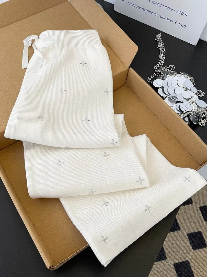 High Waist Wide Leg Knitted Pants Women's Autumn Winter Loose Drapey Casual Rice Noodle Long Pants Glittering Drill Elegant