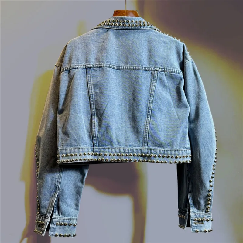 Spring Women New Heavy Work Rivet Blue Short Denim Cardigan Jacket Loose Big Pocket Lapel Long Sleeve Female Jeans Jacket Coat