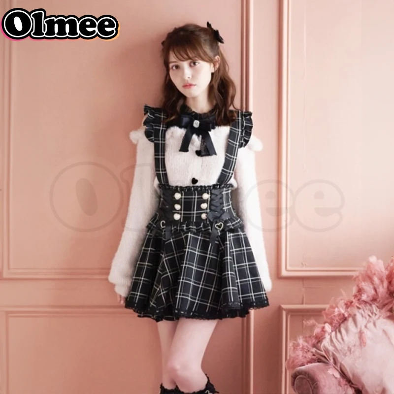 [Olmee] In Stock Lolita Pearl Lace-up Suspenders Tatt Lace Overall Skirt Pants Dress Japanese Jirai Kei Mine y2k Kawaii Pinafore