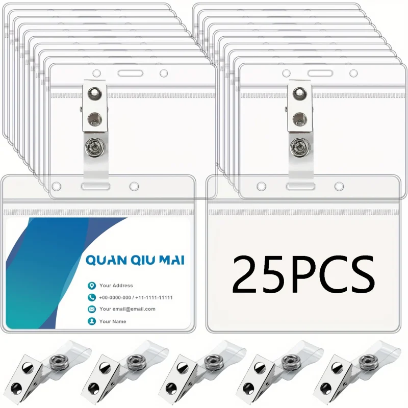Name Tag with Clip，25 Set of Name Tag Holders and Metal Clips Transparent PVC Horizontal Name Tag ID Card Holder Waterproof ID C
