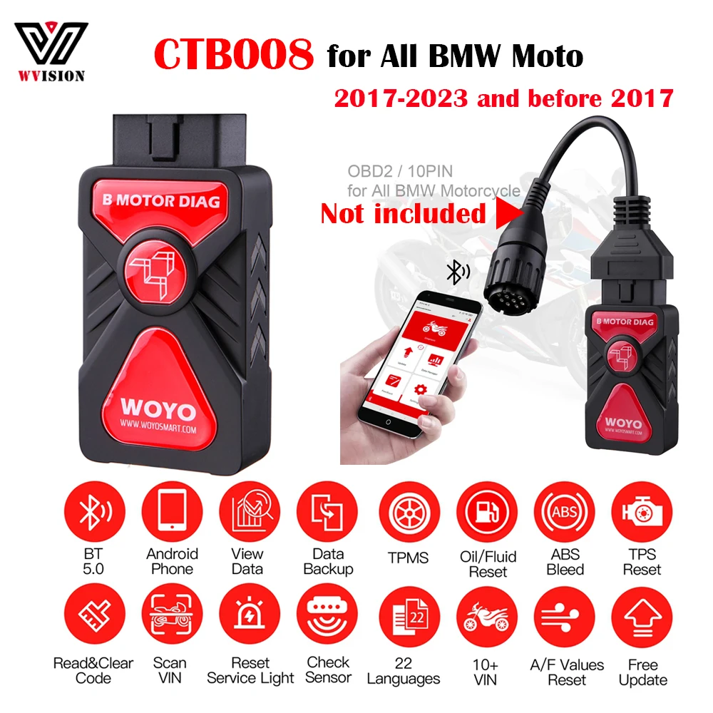 WOYO CTB008 For BMW Motorcycle BT5.0 OBD2 Diagnostic Tools Read Clean Code Reset Service Interval ABS Tester Throttle Matching