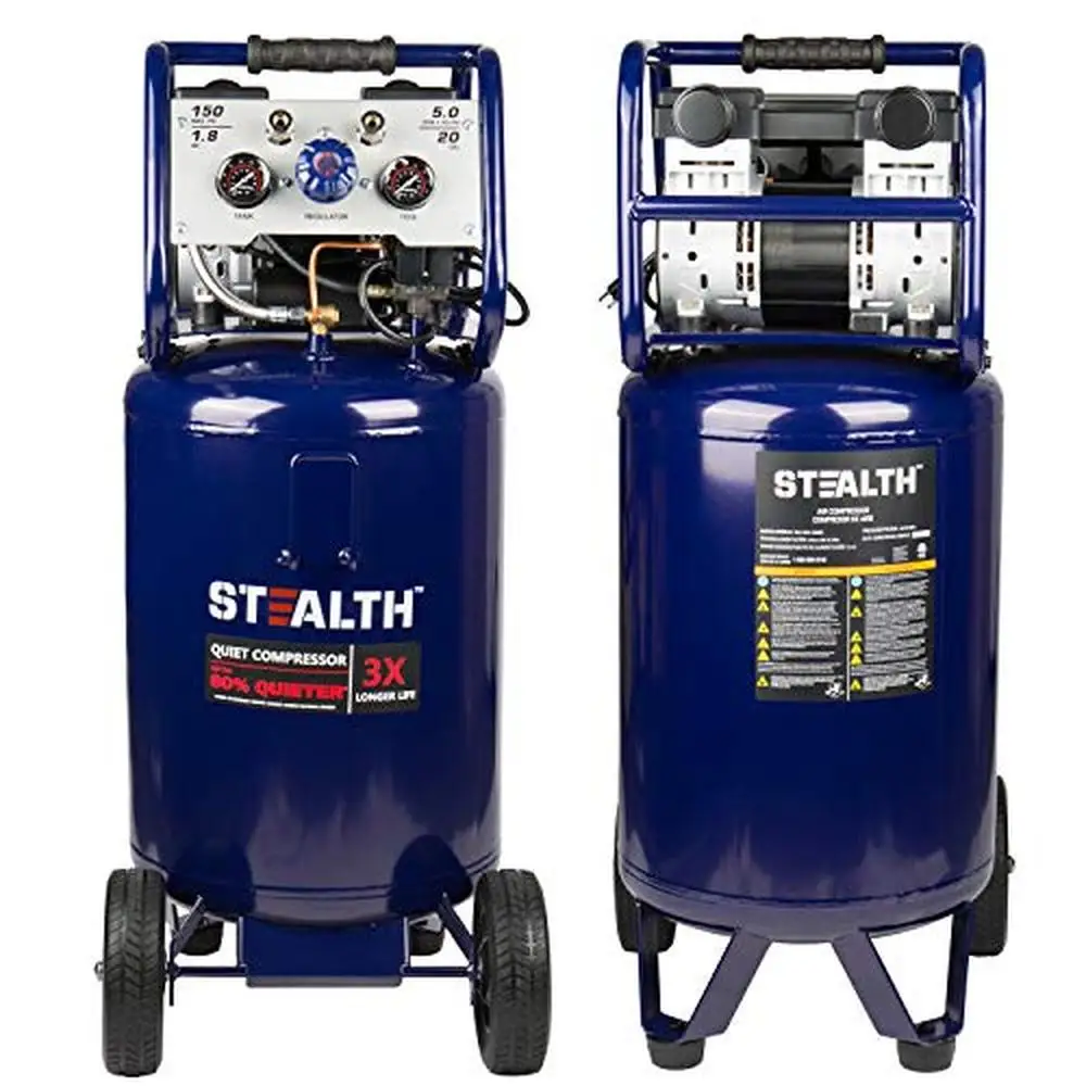 20 gallon ultrastille olievrije luchtcompressor 1,8 pk piek 150 PSI 68 decibel 5,5 CFM @ 40 PSI 5 CFM @ 90 PSI draagbaar zwaar uitgevoerd