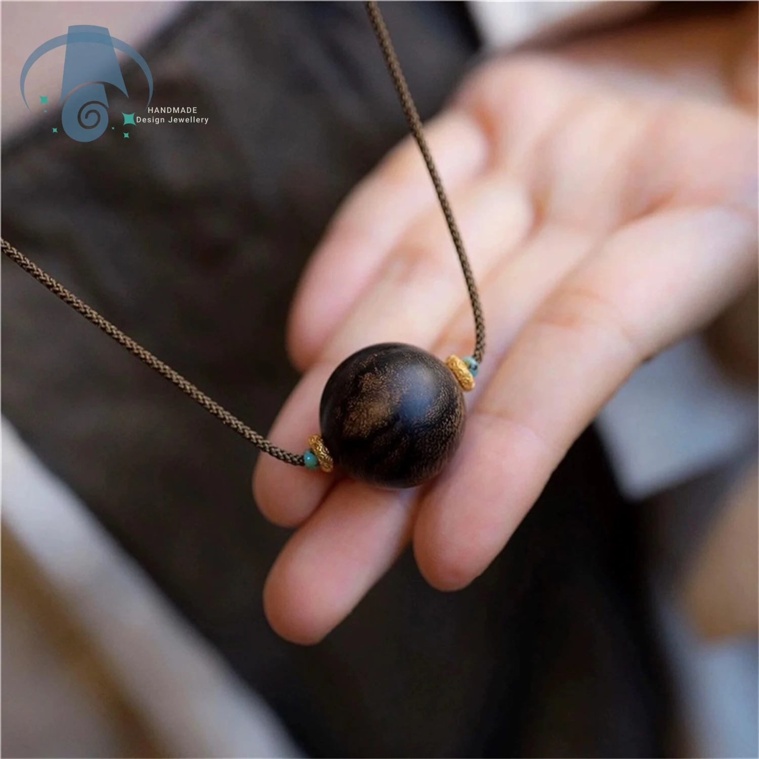 Natural Chinese Style Agarwood Pendant Necklace Large Single Bead Lucky Protection Pendant Sweater Chain for Women Zen Jewelry