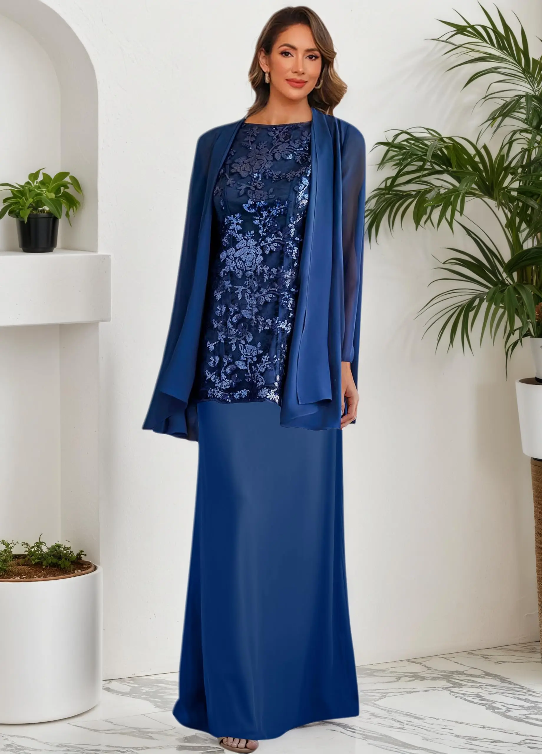 

2 Pieces Mother of The Bride Dresses for Wedding Long Lace Chiffon Mother of The Groom Dresses with Jacket