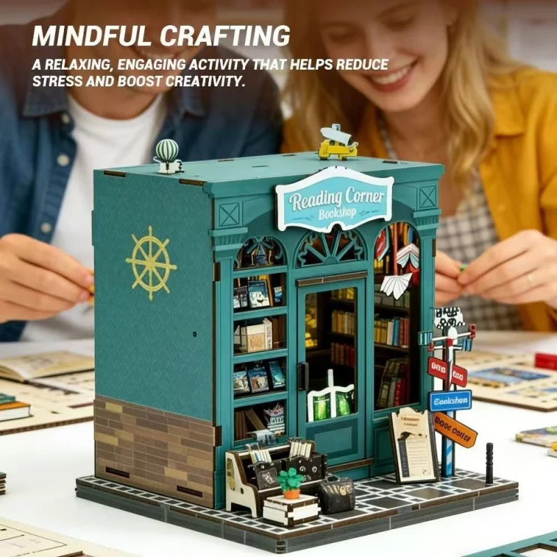 3D Wooden Puzzle Miniature Bookshelf DIY Model Kit Creative Street Corner Scene Craft Decoration for Collectors and Gift