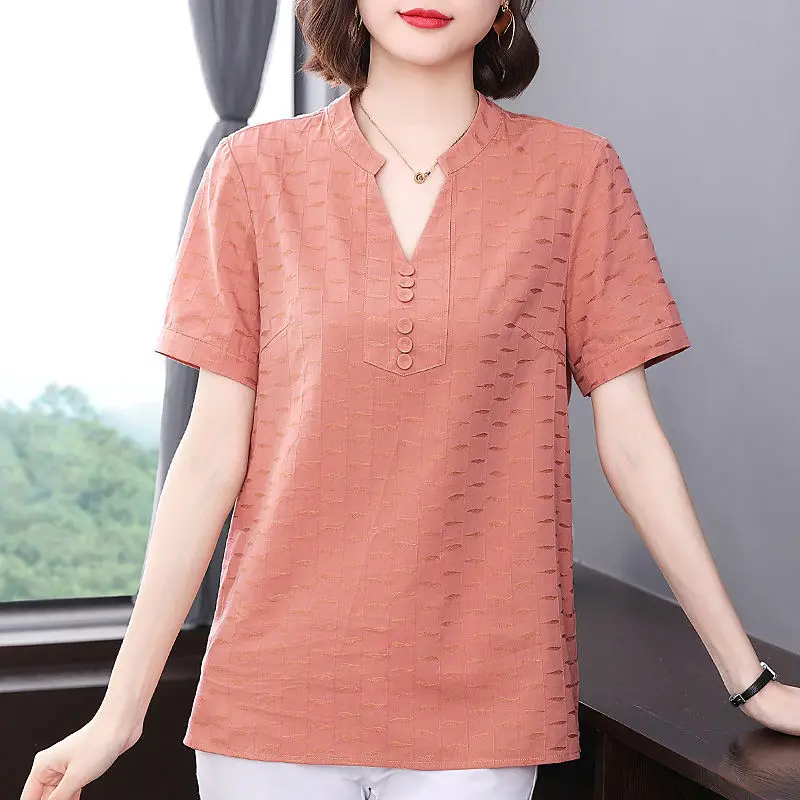 New Women's 2023 Summer Short Sleeve Tee T-Shirt Cotton V-Neck Pullover Button Patchwork Solid Loose Fashion Tops