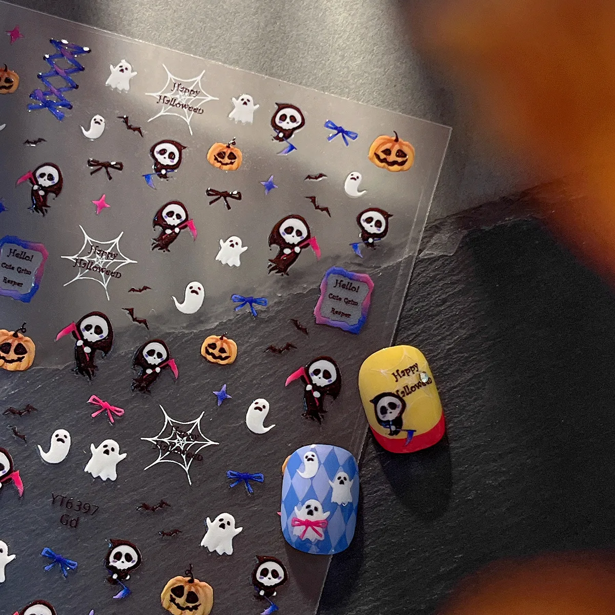 1 ورقة 5D هالوين الرجعية الأظافر ملصقات الموت شبح الشر اليقطين مسمار الفن الديكور الكرتون DIY بها بنفسك ذاتية اللصق مانيكير المنزلق
