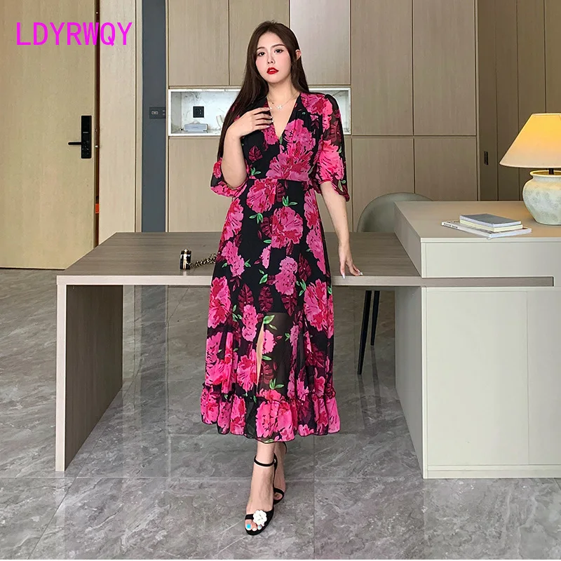 

Women's Chiffon Dress Summer New Covering Belly Show Thin Fairy Fragmented Flower Long Dress 1635