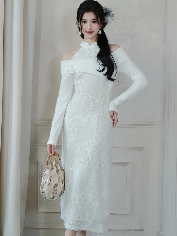 

2025 белое вязаное жаккардовое длинное платье с цветочным принтом, женское сексуальное платье с длинным рукавом и открытыми плечами, осень-зима, корейское элегантное праздничное платье