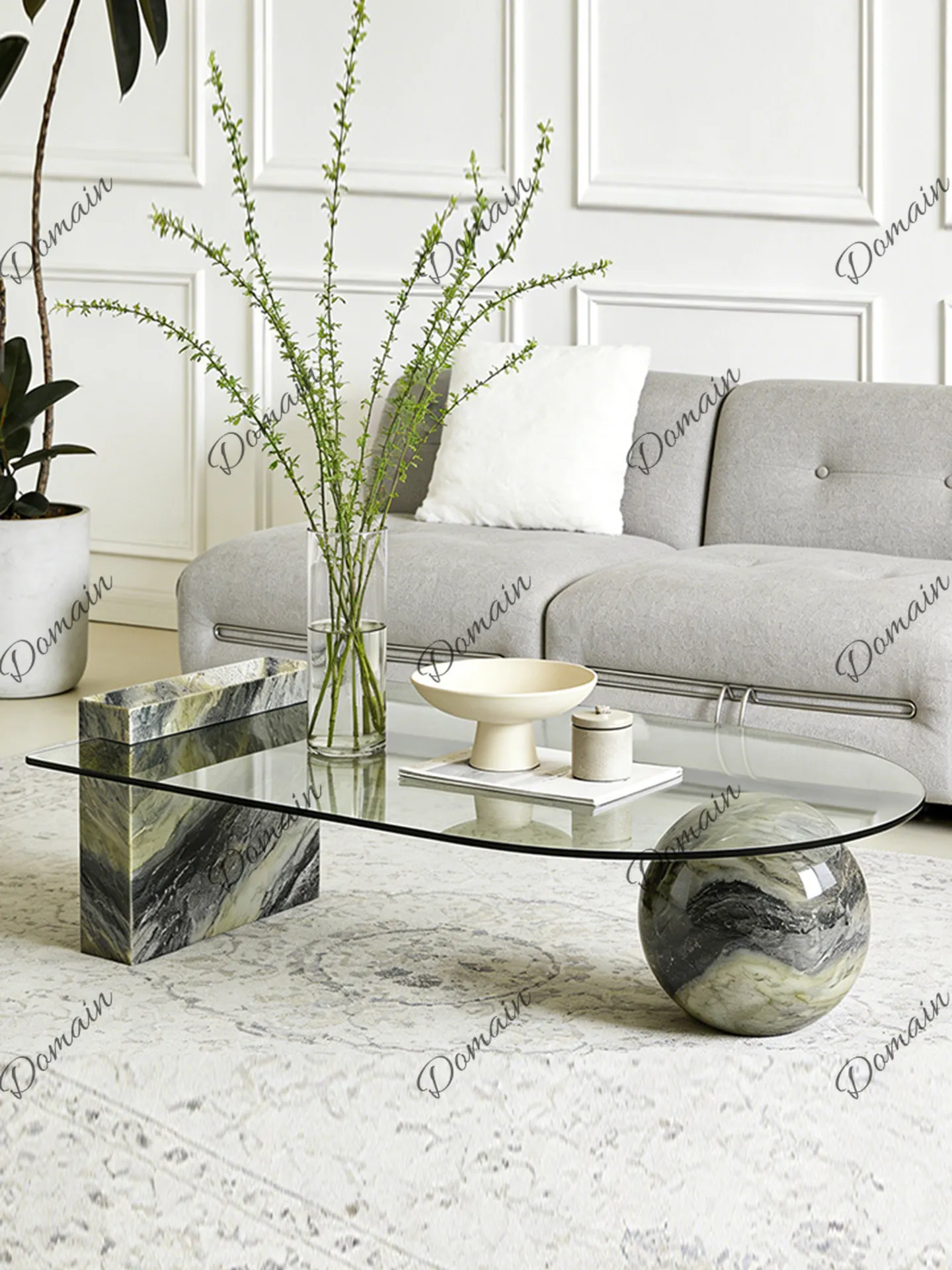 Italian minimalist natural marble coffee table living room villa high-end tempered glass Nordic coffee table