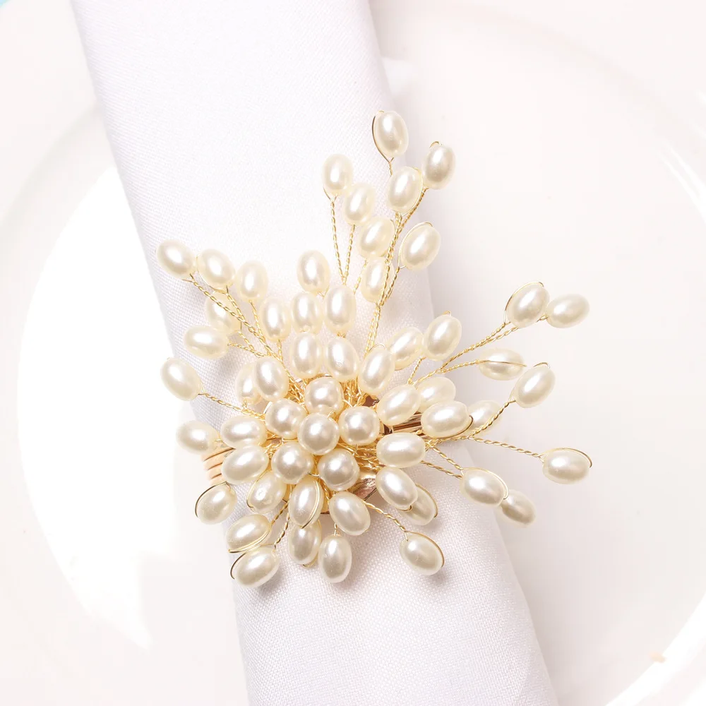 10pcs/lot New White Pearl String Flower Napkin Ring Wedding Festive Party Napkin Holder Tabletop Decoration Napkin Ring